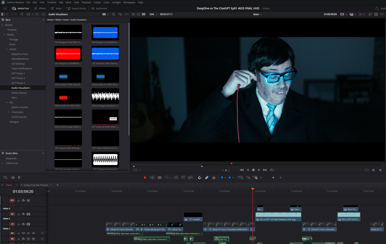 Timeline DaVinci Resolve, montage d'un sketch comique avec effets visuels